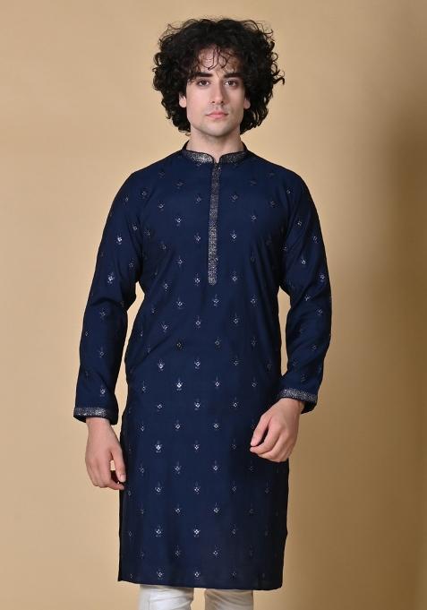 Navy Blue Embroidered Silk Kurta For Men