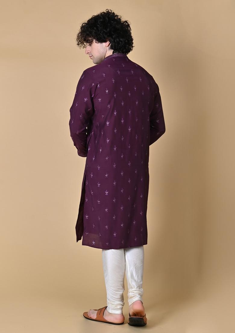 Maroon Embroidered Silk Kurta For Men