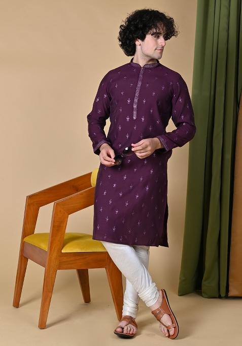 Maroon Embroidered Silk Kurta For Men