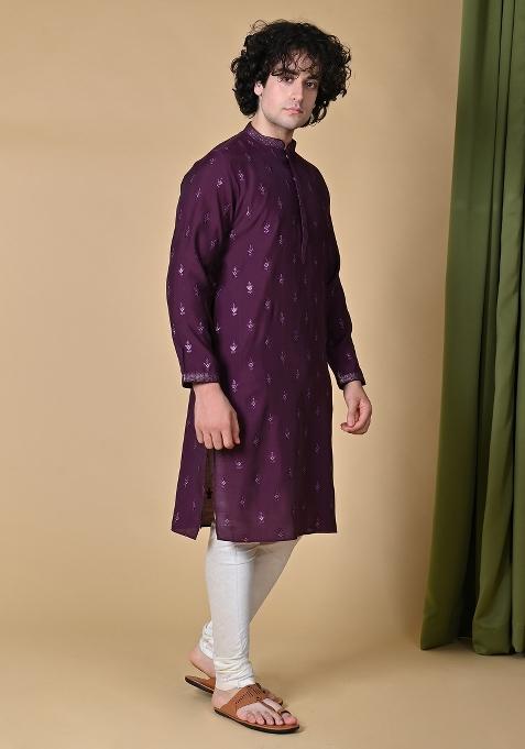Maroon Embroidered Silk Kurta For Men