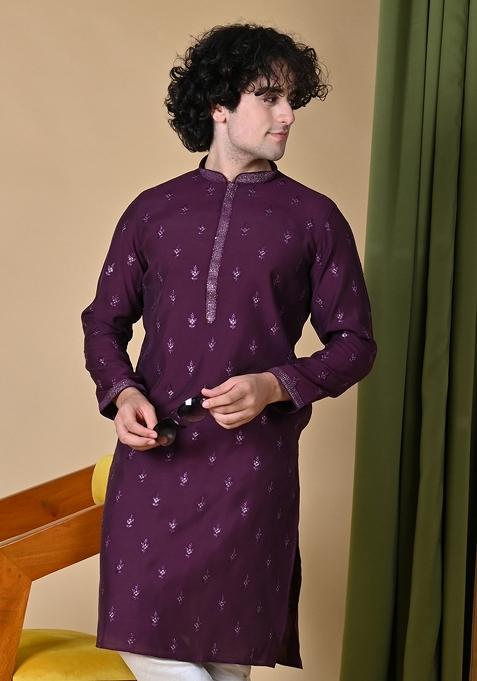 Maroon Embroidered Silk Kurta For Men