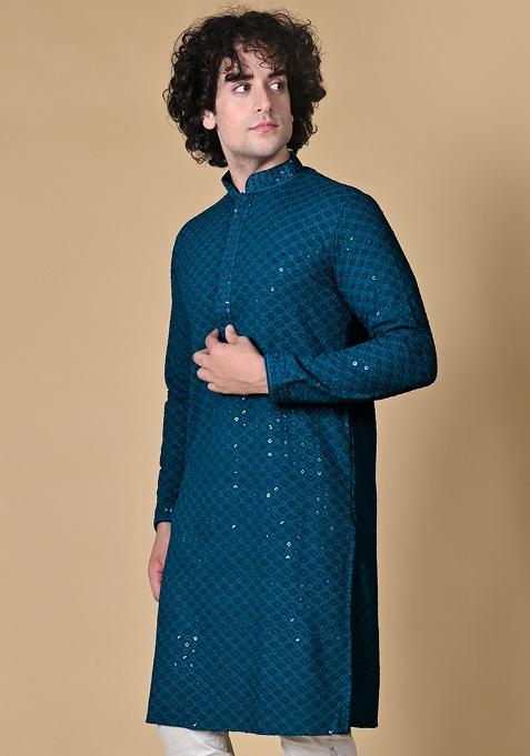 Torquoise Blue Chikankari Cotton Kurta For Men