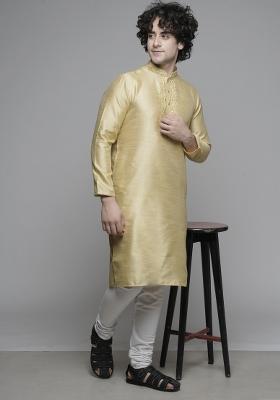 Gold Embroidered Cotton Blend Kurta For Men