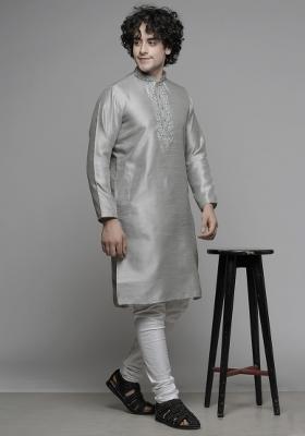 Grey Embroidered Cotton Blend Kurta For Men