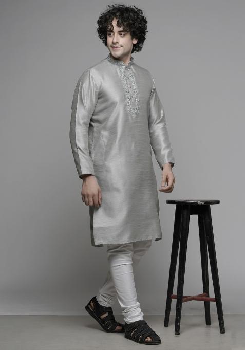 Grey Embroidered Cotton Blend Kurta For Men