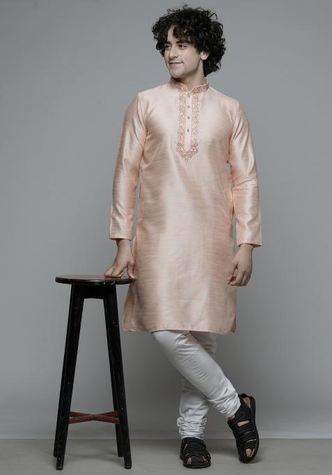 Peach Embroidered Cotton Blend Kurta For Men