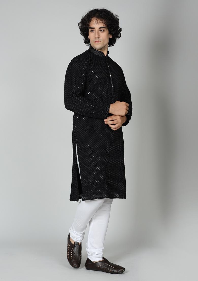 Black Chikankari Cotton Blend Kurta For Men - Indya