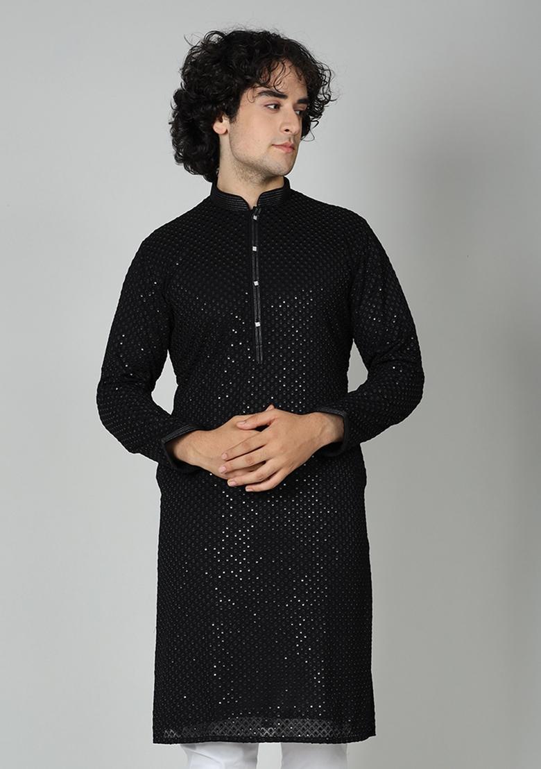 Black Chikankari Cotton Blend Kurta For Men - Indya