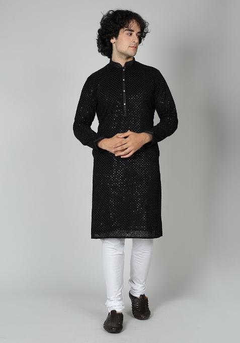 Black Chikankari Cotton Blend Kurta For Men