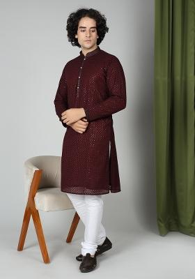 Maroon Chikankari Cotton Blend Kurta For Men