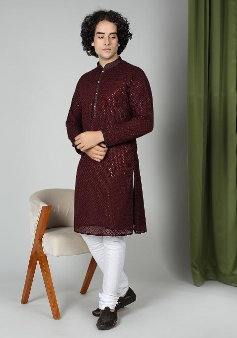 Maroon Chikankari Cotton Blend Kurta For Men