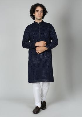 Navy Blue Chikankari Cotton Blend Kurta For Men