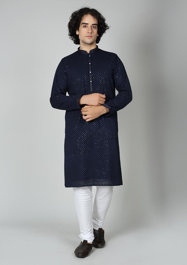 Navy Blue Chikankari Cotton Blend Kurta For Men