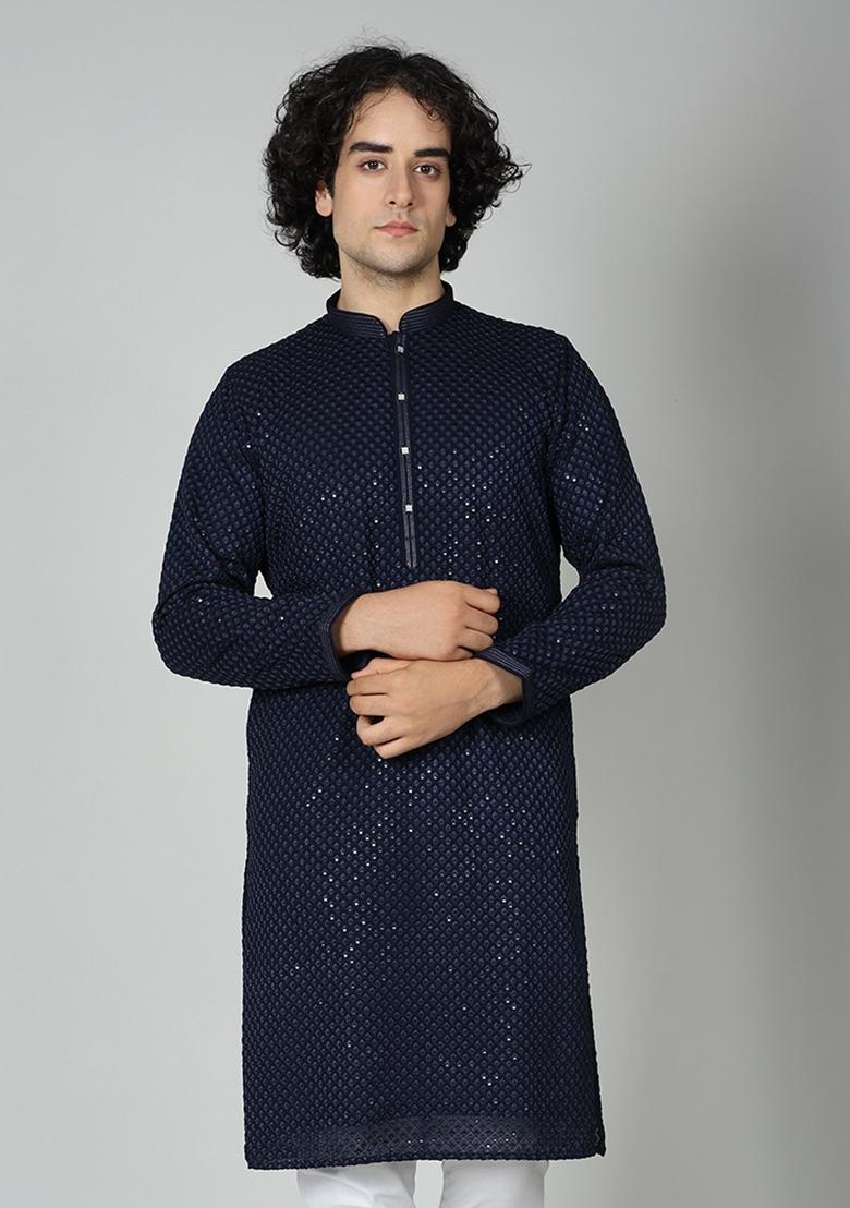 Navy Blue Chikankari Cotton Blend Kurta For Men