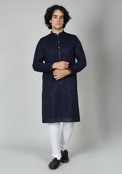 Navy Blue Chikankari Cotton Blend Kurta For Men