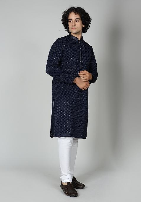 Navy Blue Chikankari Cotton Blend Kurta For Men