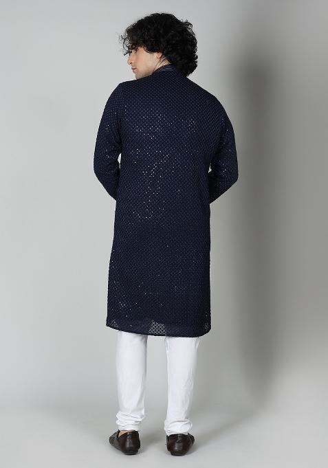 Navy Blue Chikankari Cotton Blend Kurta For Men