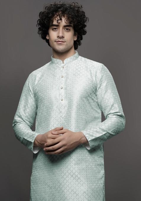 Aqua Blue Chikankari Art Silk Kurta For Men