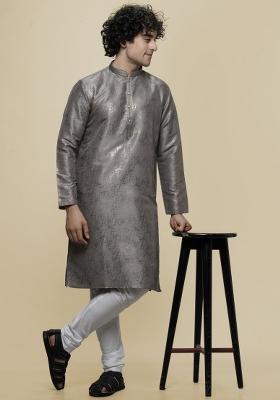 Grey Printed Art Silk Kurta For Men