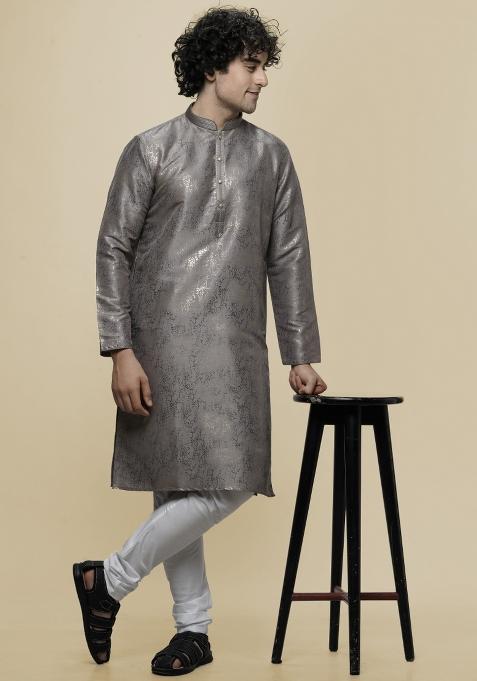 Grey Printed Art Silk Kurta For Men