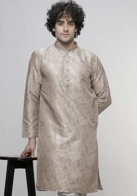 Peach Printed Art Silk Kurta For Men