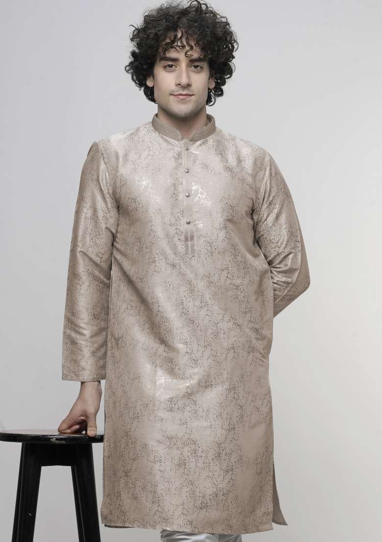 Peach Printed Art Silk Kurta For Men - Indya