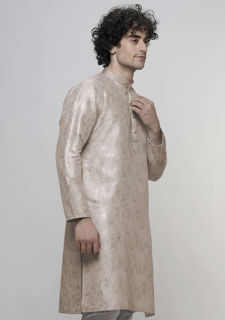 Peach Printed Art Silk Kurta For Men - Indya