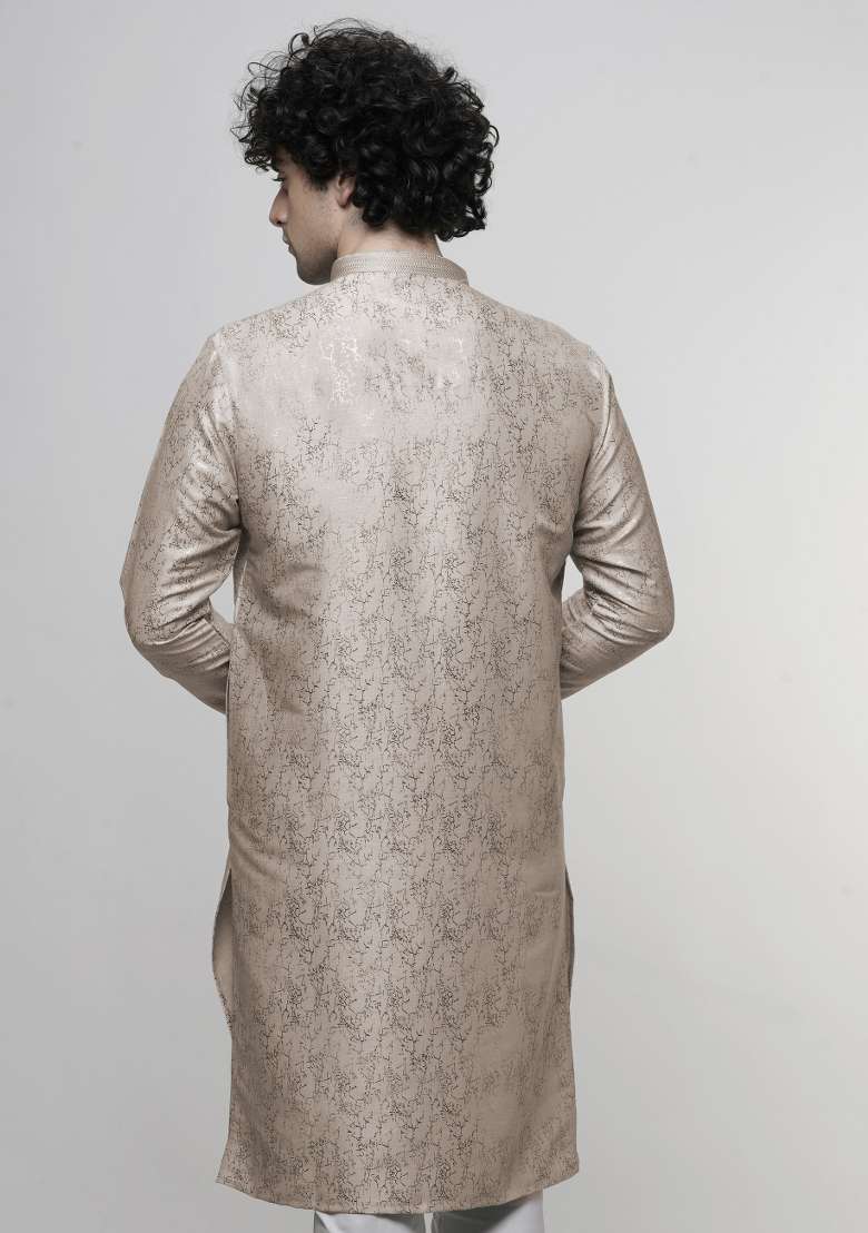 Peach Printed Art Silk Kurta For Men - Indya