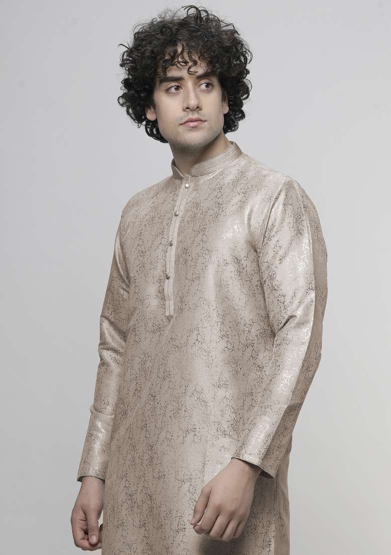 Peach Printed Art Silk Kurta For Men - Indya