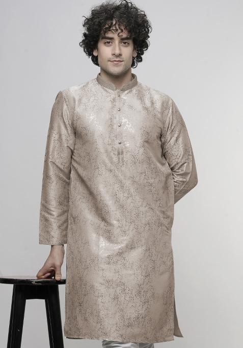 Peach Printed Art Silk Kurta For Men