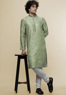 Pista Green Printed Art Silk Kurta For Men