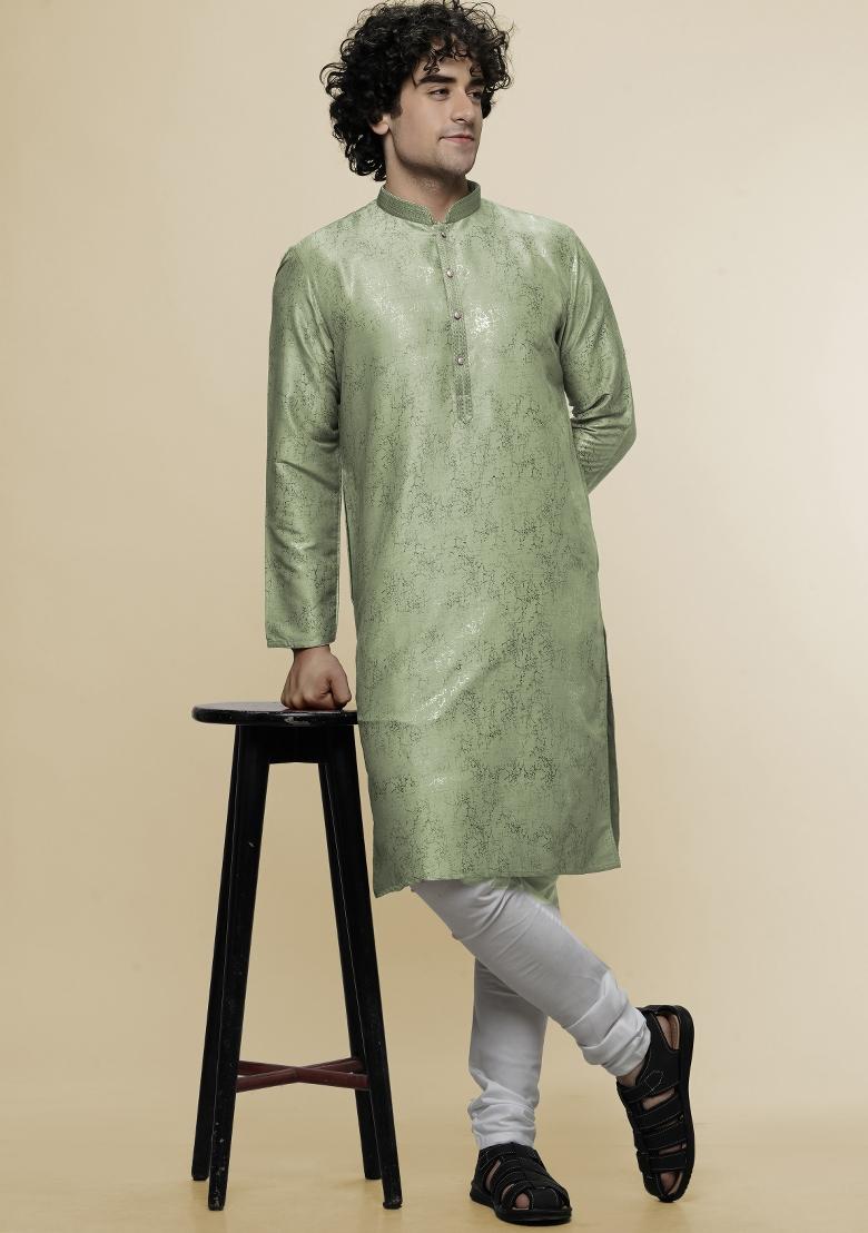 Pista Green Printed Art Silk Kurta For Men