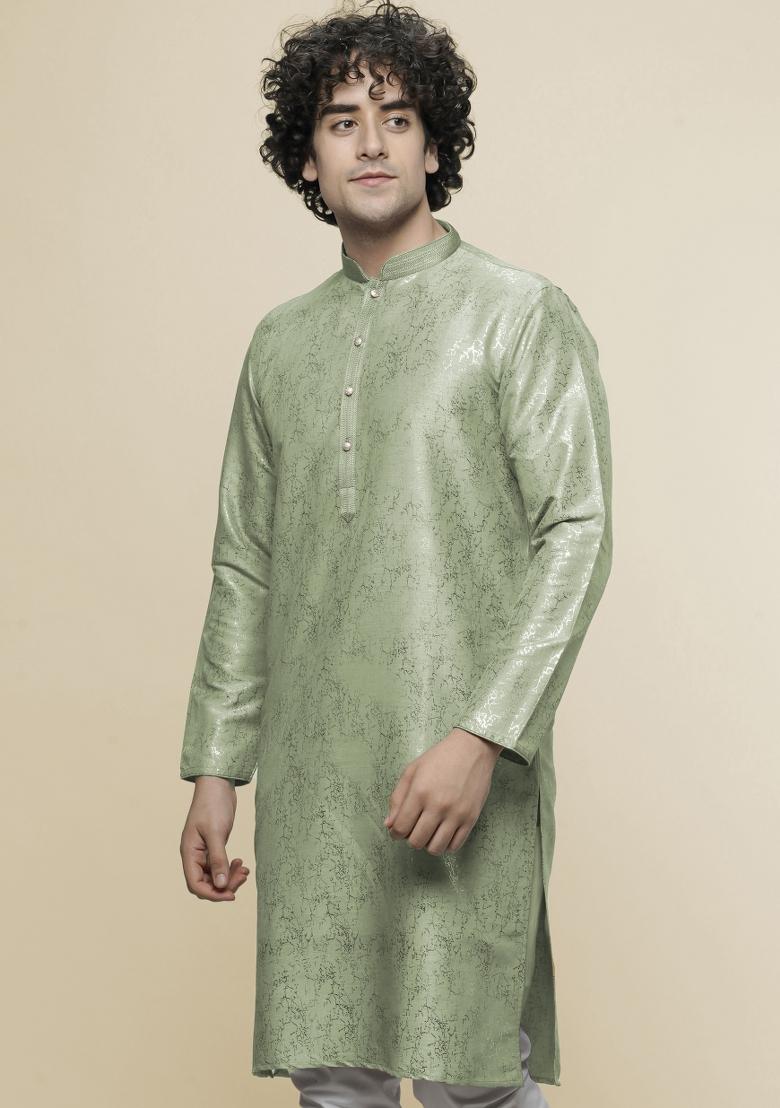 Pista Green Printed Art Silk Kurta For Men