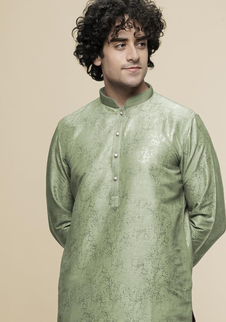 Pista Green Printed Art Silk Kurta For Men