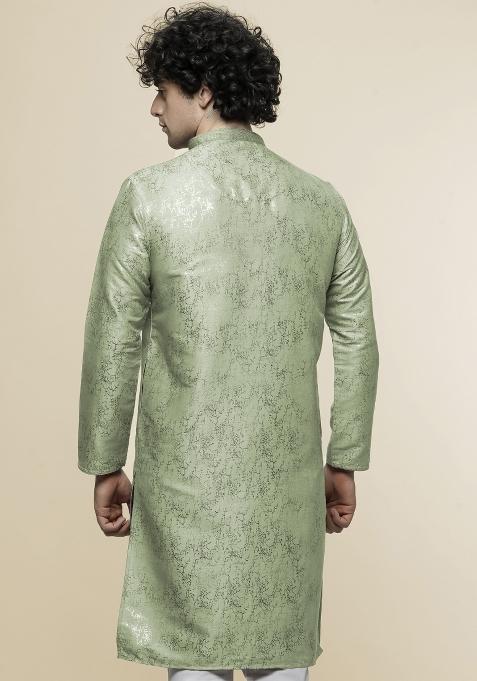 Pista Green Printed Art Silk Kurta For Men