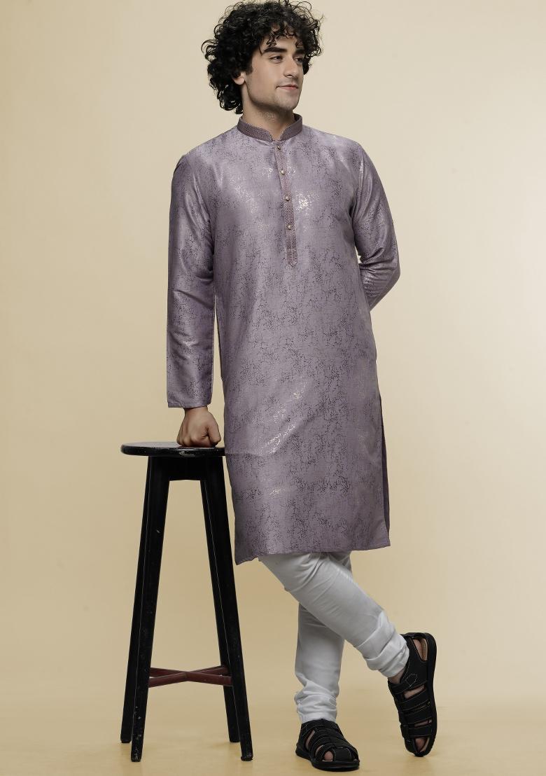 Purple Printed Art Silk Kurta For Men