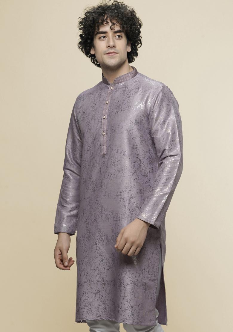Purple Printed Art Silk Kurta For Men