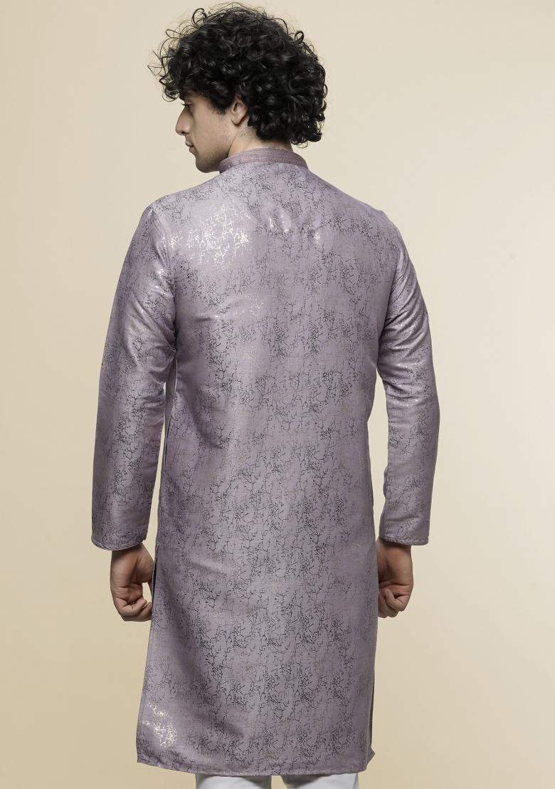 Purple Printed Art Silk Kurta For Men