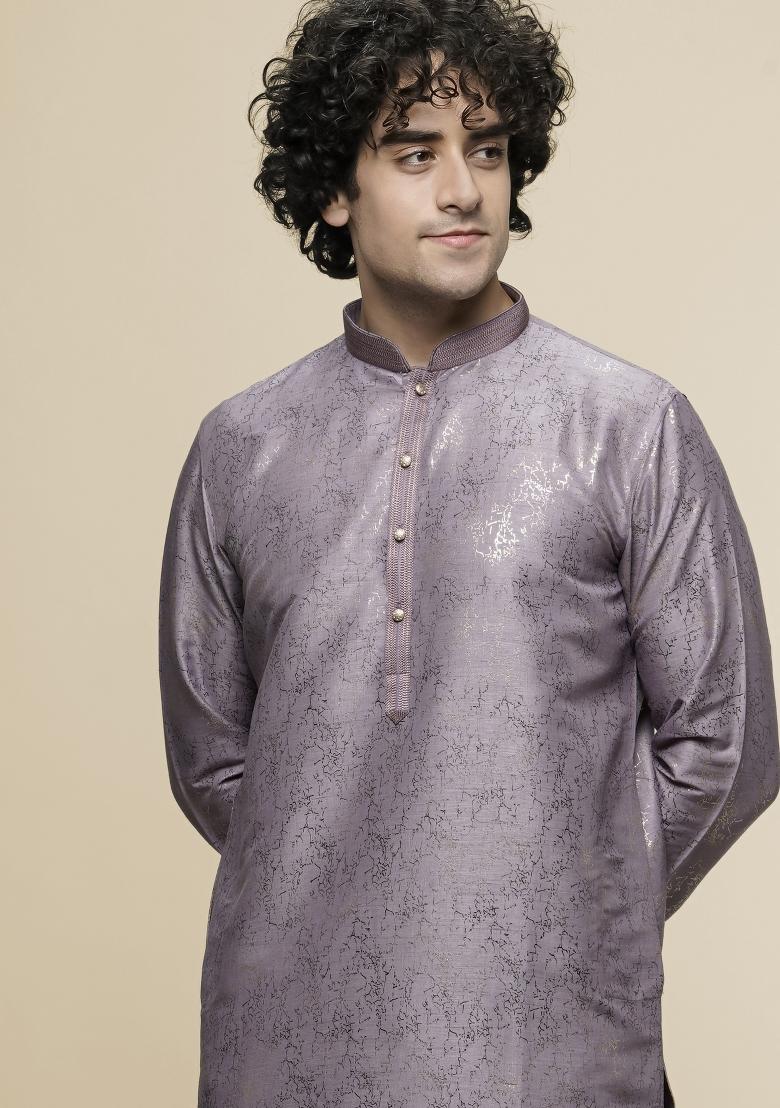 Purple Printed Art Silk Kurta For Men