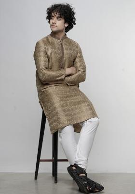 Brown Floral Print Cotton Blend Kurta For Men