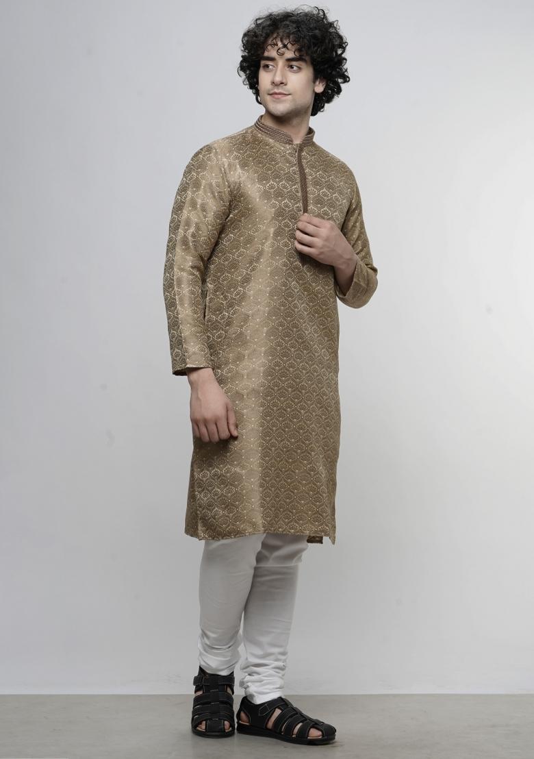 Brown Floral Print Cotton Blend Kurta For Men