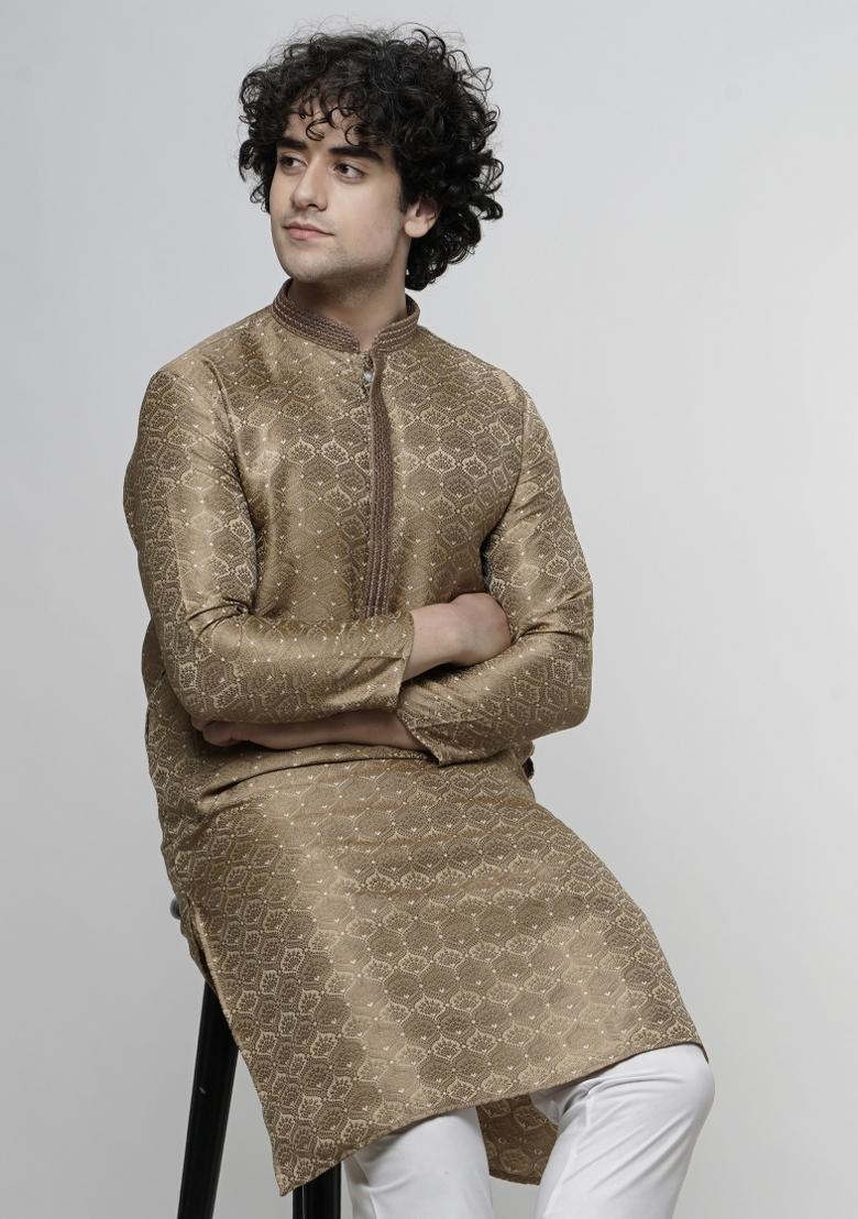 Brown Floral Print Cotton Blend Kurta For Men