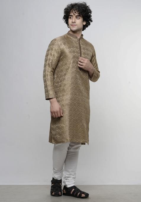 Brown Floral Print Cotton Blend Kurta For Men
