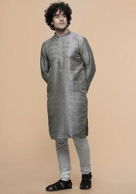 Grey Floral Print Cotton Blend Kurta For Men