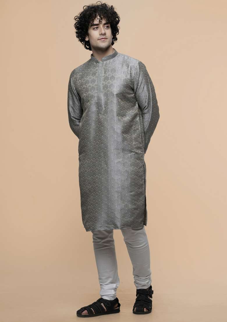 Grey Floral Print Cotton Blend Kurta For Men - Indya