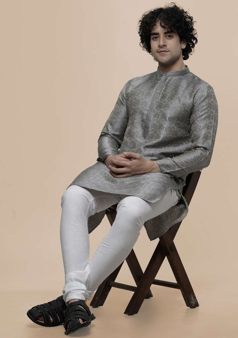 Grey Floral Print Cotton Blend Kurta For Men - Indya