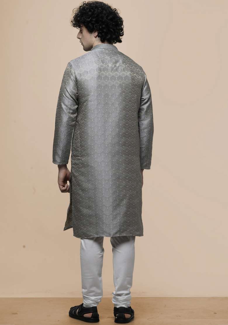 Grey Floral Print Cotton Blend Kurta For Men - Indya