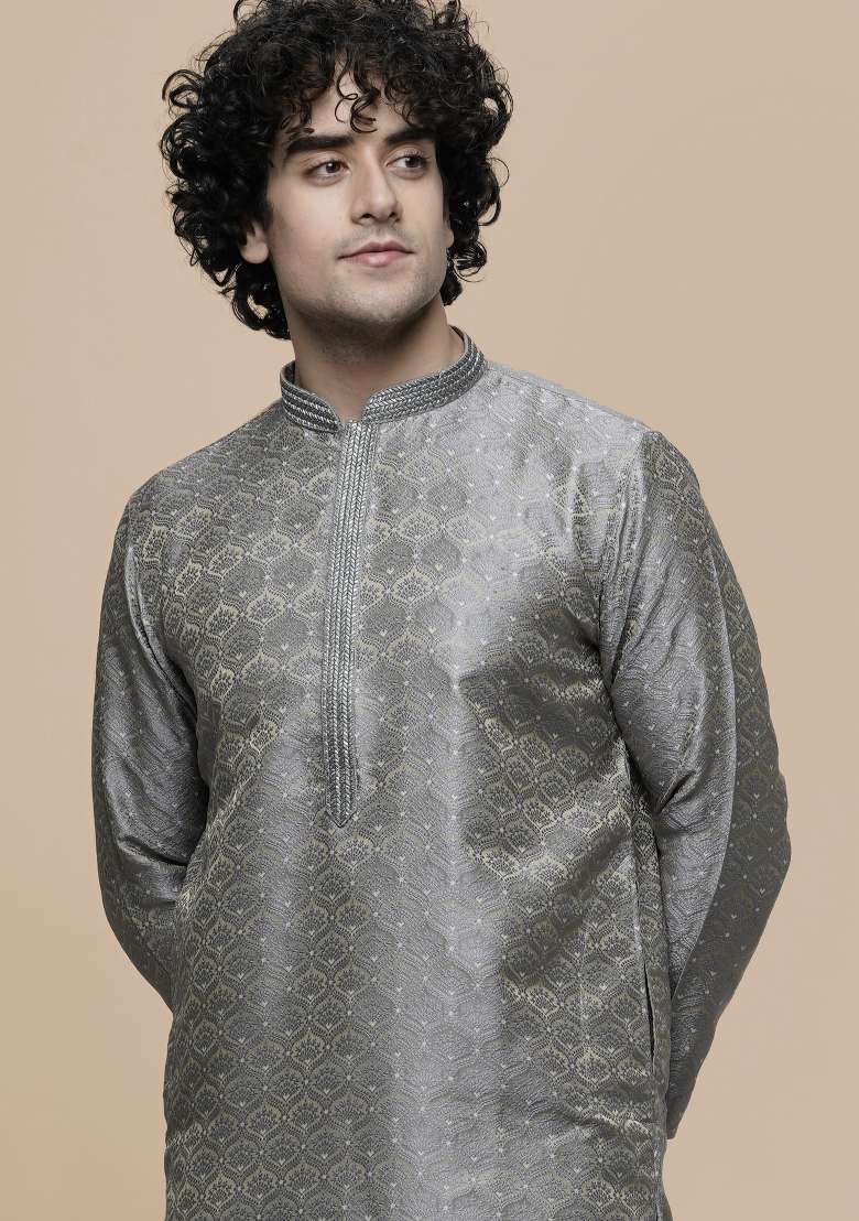 Grey Floral Print Cotton Blend Kurta For Men - Indya