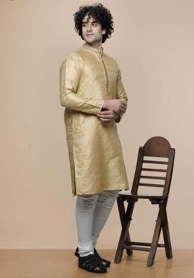Gold Floral Print Cotton Blend Kurta For Men