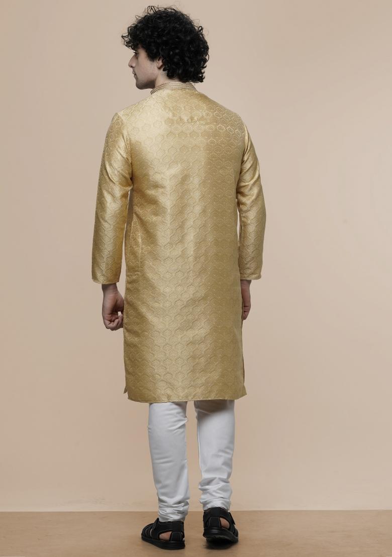 Gold Floral Print Cotton Blend Kurta For Men